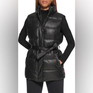 NWT HAUTE MONDE Faux Leather Longline Black Belted Puffer Vest With Hood